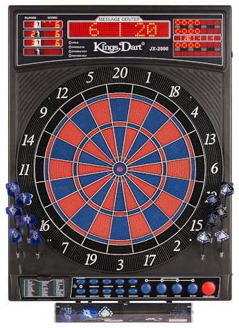 Kings Dart Elektronische Dartscheibe Profi Turnier JX-2000 | Turnierscheibe inkl. 24 Dartpfeilen | 41 Spiele, über 200 Spielvarianten | Laufschrift + Sound | extra dünner Spider
