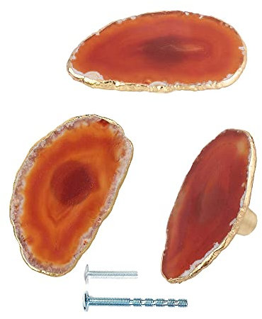 YOUYOUULU 3 Stück Natürliche Achatknäufe, Achat Edelstein Scheibe Möbel knöpfe, Steine Schubladenknöpfe mit Vergoldete Kante für Schrank Schublade Griffe Garderobe Ziehgriff (Rot-Orange)
