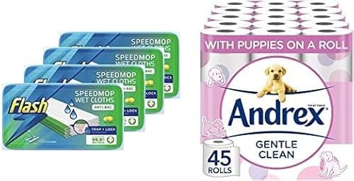 Flash Speedmop Wet Cloth Refills, Floor Cleaner, Lemon Anti-Bac, 96 Wipes (24 x 4) & Andrex Gentle Clean Toilet Rolls - 45 Toilet Roll Pack - Bulk Buy Toilet Rolls