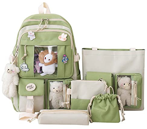 Kawaii Rucksack-Set, ästhetische Schultaschen, 43,2 cm, niedliche Büchertasche mit Abzeichen und Anhänger, Schultertasche, Federmäppchen, 5 Stück, Grün , 17in, Daypack Rucksäcke