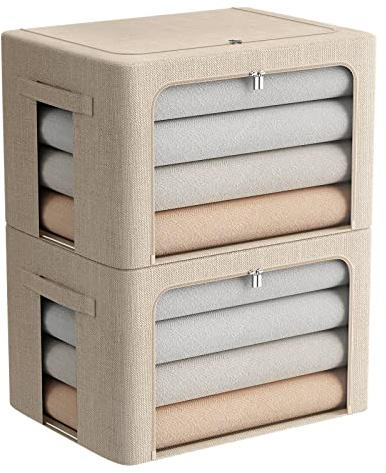 Kleideraufbewahrungsbehälter, stapelbar, Metallrahmen, faltbar, Leinenstoff, mit Tragegriffen und transparentem Fenster, Beige, 39 x 30 x 20 cm, 2 Stück