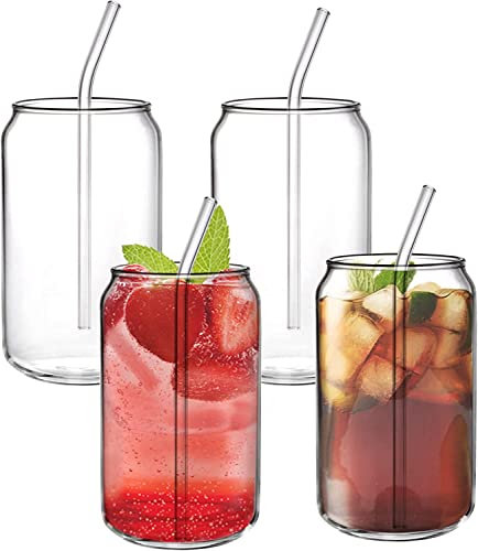 Jucoan 4 Pack 14oz/400ml Can Shaped Beer Glass, Cute Glass Cups, Premium Handmade Clear Drinking Glass Cups with 4 Reusable Glass Straws for Ice Tea, Water, Wine, Cocktails and Mixed Drinks
