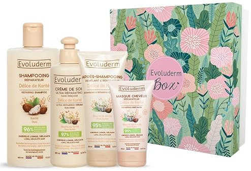 EVOLUDERM - Coffret cadeau Femme - Soins Cheveux au Beurre de Karité - 4 produits + Chouchou - Idée Cadeau - Coffret cadeau Noël-Coffret Anniversaire - Fête des Mères - Fabrication Française (Jungle)