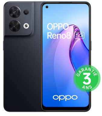 OPPO Reno 8 - Smartphone 5 G - 8 Go RAM + 256 Go - Triple Capteur Photo 64 MP, Frontal 32 MP - Écran AMOLED 90 Hz 6,4” - Batterie 4500 mAh + Charge Rapide 80W - Noir Chatoyant [version FR]