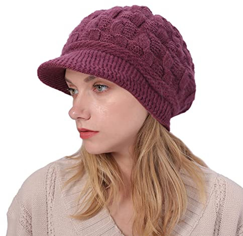 CheChury Vintage Wolle Dicke Barett Mütze Warme Damen Mode Barett Mütze Fleece Innerhalb Gestrickte Baskenmütze Damen Winter Gestrickte Runde Baskenmütze Bequeme Aufbewahrung Outdoor Hut,Rosarot