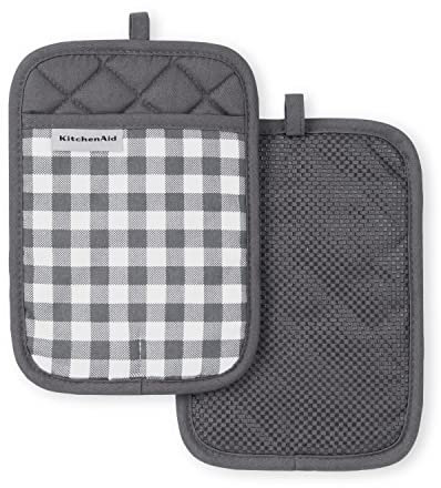 KitchenAid Gingham Pot Holder 2-Pack Set, Charcoal Grey, 7x10