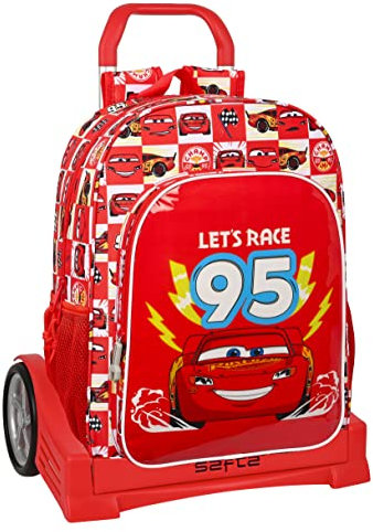CARS Let's Race - Mochila Escolar 180, Espalda Ergonómica, con Carro Safta Evolution, Ideal para Niños de Diferentes Edades, Cómoda y Versátil, Calidad y Resistencia, 33x14x42 cm, Color Blanco y rojo
