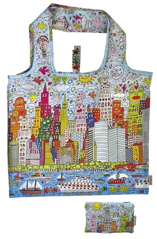 Fridolin Tasche: James Rizzi, My New York City - „I was a bottle“ recycled, bag in bag, b/h: ca. 45,5 × 68,5 cm (offen); b/h: ca. 15,5 × 9,5 cm (geschlossen in kleiner Tasche)