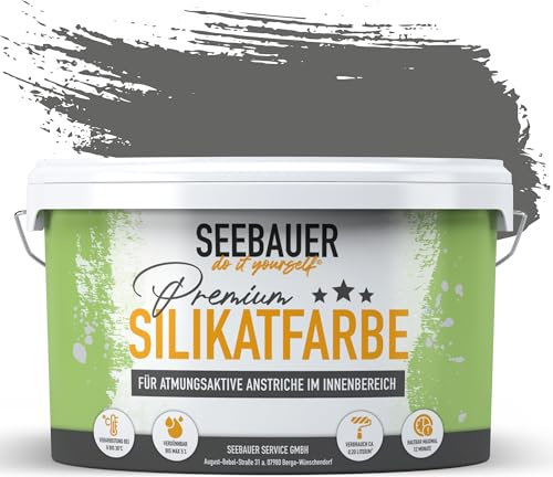 SEEBAUER diy Silikatfarbe Anthrazit 5L für Innen (No. 104 Black Pearl) Atmungsaktive Mineralfarbe für Allergiker - Abwaschbare Wandfarbe - Anthrazittöne hohe Deckkraft