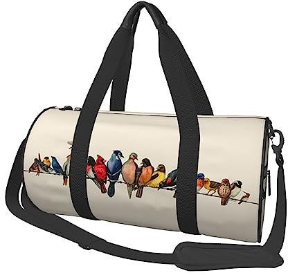 Bunte Vogel bedruckte runde Seesack, leichte Reise-Sporttasche für Männer und Frauen, schwarz, Einheitsgröße, Schwarz , Einheitsgröße