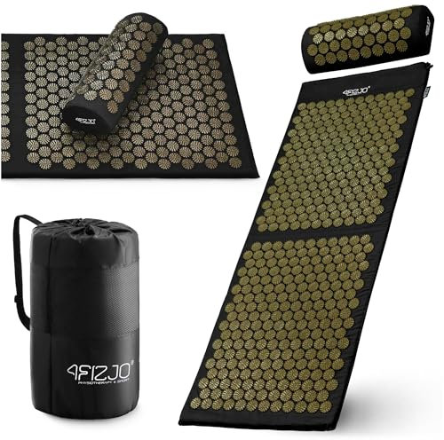 4FIZJO Akupressurmatte & Kissen XL, 110x42x2 cm, mit Tragetasche, Polyurethanschaum, Hypoallergen, 15330 Stacheln, Massagematte für bessere Durchblutung, Muskeln Entspannung, Farbe: Schwarz und Gelb