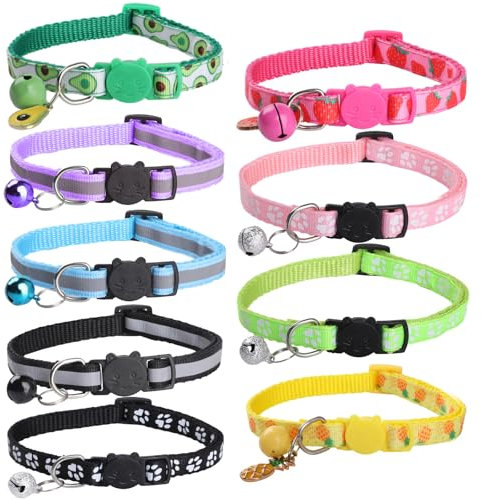 Bigqin 9 Stück Katzenhalsband, Reflektierende Katzen Halsbänder mit Sicherheitsverschluss und Glöckchen, verstellbares Halsband Katze von 19 bis 32cm