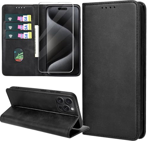 ZYIMOU Handyhülle für iPhone 15 Pro Max Hülle mit Schutzfolie, Leder Schutzhülle Standfunktion Kartenfach Wallet Klapphülle iPhone 15 Pro Max Flip Case Cover, Schwarz