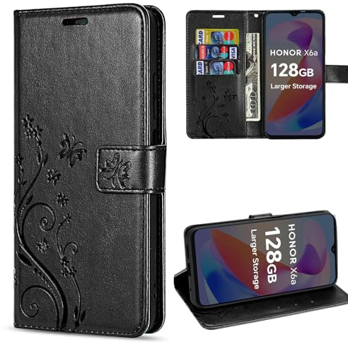 betterfon Hülle Kompatibel mit Honor X6A | Premium PU Leder Handyhülle Wallet Case für X6A | Schutzhülle Blumen Klapphülle Handyhülle | Schwarz