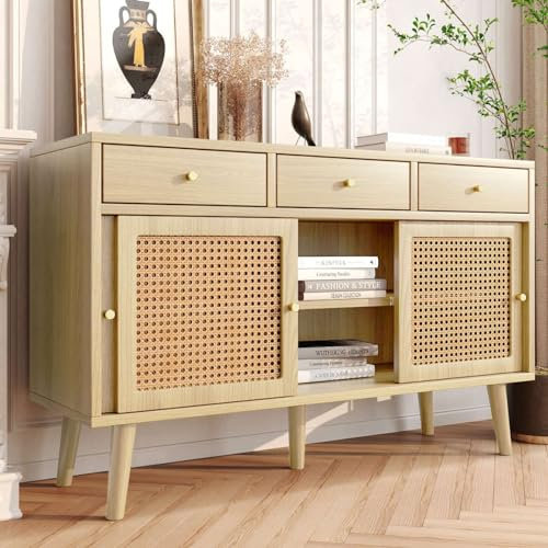 Sweiko Sideboard, Commode de Rangement en rotin avec 3 tiroirs et Portes coulissantes, multifonctionnelle, avec Pieds en Bois Massif, Armoire Multifonction avec étagère réglable (chêne)