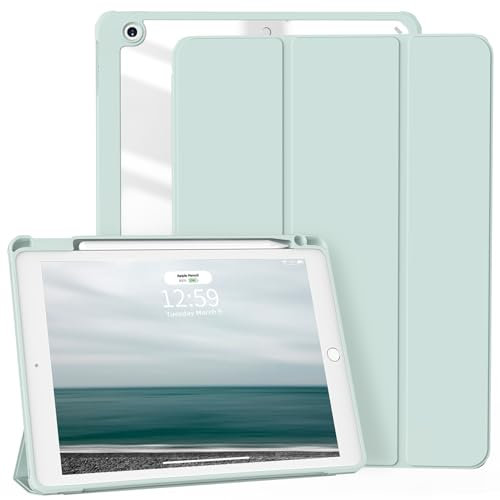 ZKTUYU Hülle für iPad 9. Generation 2021/iPad 8. Generation 2020/iPad 7. Generation 2019, Smart Folio Hülle mit Stifthalter für iPad 10,2 Zoll, Transparente Rückseite, Auto Schlafen/Wachen, Grün