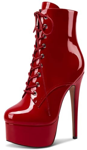 NobleOnly Donna Spillo Alto High Piattaforma Tacco Heel Rotonda Punta Lacci Cerniera Ballo Stivaletti 15 CM Heels Rosso Vino Verniciata 41 EU