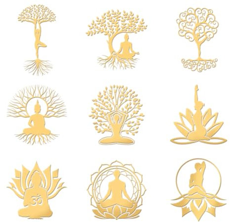 OLYCRAFT 9 Stück 4x4cm Baum Des Lebens Metallaufkleber Yoga Lotus Selbstklebende Goldene Aufkleber Buddha Baum Metallgoldaufkleber Für Sammelalben DIY Harz Handwerk Telefon Wasserflasche Dekor