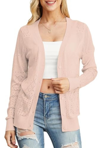 GRECERELLE Gilet Tricoté Cardigan pour Femmes Elégant Cardigan Léger et Fin d'été avec Boutons Plage Cover Up (Rose Clair, L)