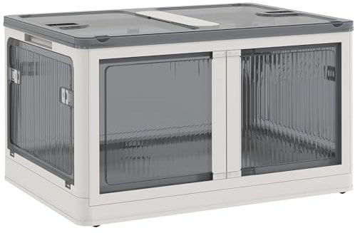 HOMCOM Caja de Almacenamiento Apilable con Tapa 69L Caja Organizadora Plegable con Ruedas Contenedor de Plástico con Acceso a 5 Lados 60x42x34 cm Blanco