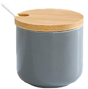 Jarsense Ceramic Sugar Bowl, 250ml Sugar Pot with Wooden Lid and Spoon, Spice Jar for Salt, Sugar, Coffee, Tea, Seasoning Box for Home Kitchen Coffee Bar - Grey