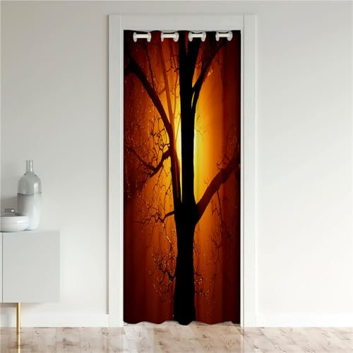 Odot Verdunkelungsvorhänge mit Ösen, Baum Muster Raumteiler Vorhang Türvorhang Thermo Blackout Thermovorhang Winter Kälteschutz Türvorhang für Fenster Tür (130x200cm,Sonnenlicht A)