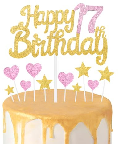 Gold Pink 17th Birthday Cake Topper, Girls 17th Birthday Decorations, Glitter Heart Stars Cake Toppers, Personalised Happy Birthday Cake Cupcake Toppers for Women Girls Baby Birthday Party Supplies