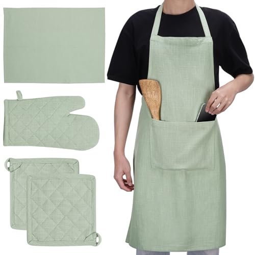 JEMIDI Set 1x Grembiule Cucina 2x Presine 1x Strofinaccio 1x Guanto - 100% Cotone Resistente - Idea Regalo Mamma Nonna - Certificazione CE per Protezione dal Calore - Verde Menta