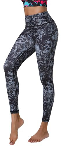 HAPYWER Damen Halloween Leggings Yoga Leggings High Waist Totenkopf Leggings Bunte Yogahose Gym Sport Leggings für Running Workout Bedruckte Stretch Compression Leggings(Totenkopf-Schwarz,L)