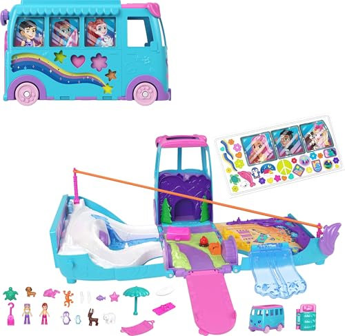 Polly Pocket - Avventura su Ruote per Cuccioli, playset camper trasformabile con 2 mini bambole e 21 accessori inclusi tra cui amici cuccioli e veicolo, giocattolo per bambini, 4+ anni, JCC22
