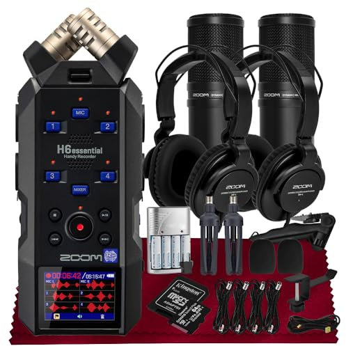 Zoom H6essential Portable Studio Recorder, H6E 32-Bit Float, 6-Track Recorder, 4XLR/TRS - 64GB SD, Tripod, Podcast Mic Pack, Rechargeable Batt, USB Cable & More-Musician Podcaster Filmmaker