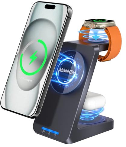 MANKIW 3 in 1 Wireless Charger for MagSafe, Magnetic Fast Charging Station Stand for iPhone 16/15/14/13/12 Series, AirPods Pro/4/3/2 & iWatch