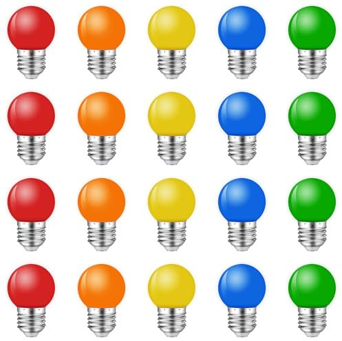 MZYOYO 20er Pack Bunte Glühbirnen E27,E27 LED 1W,Farbige Glühbirne Außen,G45 LED Bunt für Lichterkette Party Weihnachten Deko,Rot Grün Blau Orange Gelb,Kunststoff