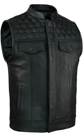 Leatherick Honeycomb SOA Style Motorradweste aus echtem Leder für Herren – Schwarz Verdeckte Bikerweste mit weichem Polyesterfutter