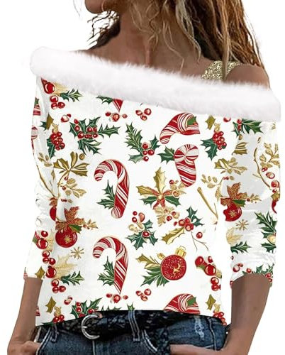 Plüsch Ausschnitt Pullover Off Shoulder Weihnachts Sweatshirt Weihnachtspullover Damen Slim Fit Langarmshirt Weihnachten Elegant Aufdruck Sweater mit Weihnachtsbaum Christmas Oberteile(Khaki,M)