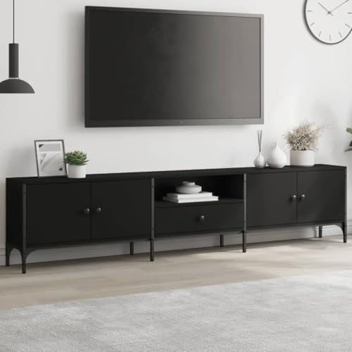 Canditree 200 cm Meuble TV avec Rangement, Banc TV avec 4 Portes 1 Tiroir Support de Télé pour Salon (Noir)