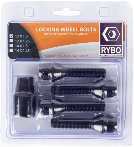 RYBO Juego de 4 pernos de bloqueo de rueda de aleación cónicos M12 x 1,5 (negro, longitud de rosca de 45 mm)