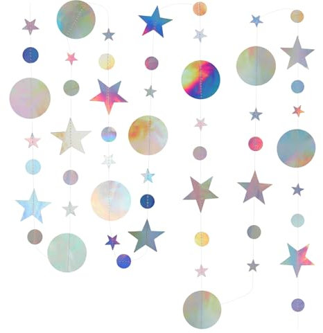 Deko Party Papier Girlande, 4 Stück Glitzer Deko Hängende Banner, 52 Ft Runde und Stern Garland Papier Iridescent, Schnur Hängend Dekorationen für Geburtstag, Hochzeit, Urlaubs Party
