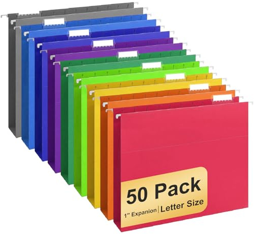 Hanging File Folders, 50 Pack Letter Size Hanging File folders with 1/5-cut Tabs, Stay Organized for Your Home and Office Bulk File, Documents and Paper, 10 Colors
