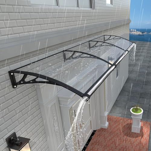 Vordach für Haustür mit separater Entwässerung, 200x100cm-Fenstervordach, Robuste Polycarbonat Pultvordach Überdachung für UV-, Regen- und Schneeschutz, ideal für Veranda