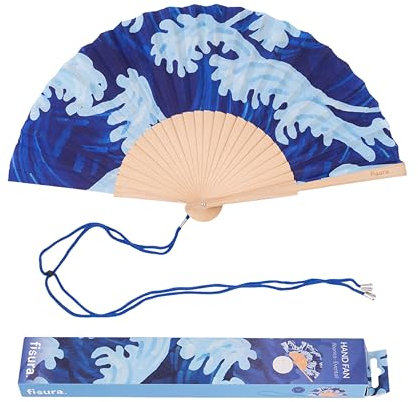 FISURA – Handfächer aus Holz mit Wellenmuster. Farbenfrohes, maritimes Accessoire, tragbarer Blauer Handventilator mit praktischem Aufhänger. Perfekt für Sommeroutfits. Maße: 42,5 x 23 cm