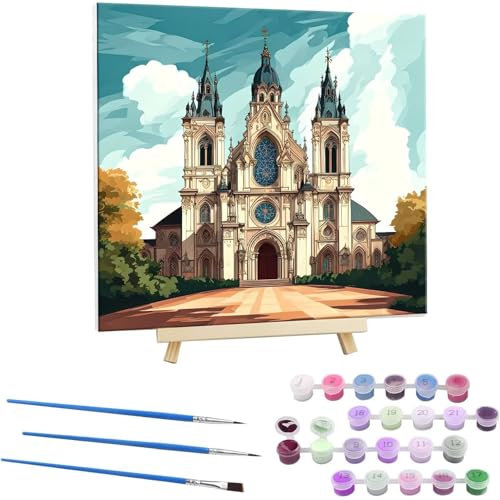 Guuogxan Peinture Par Numéros Pour Adulte, DIY Peinture Acrylique Pour Adultes Enfants Débutants Facile Sur Toile 55x55cm L 'église Kit de Peinture à l'Huile sur Toile par Numéro - Avec Cadre D-435