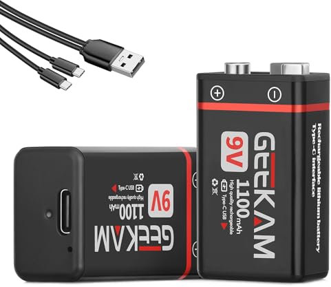 GEEKAM 9V Akku, 2 x 1100mAh 9 Volt Akkus Wiederaufladbar Batterien mit 2 in 1 USB-C Ladekabel für Rauchmelder, Mikrofon, Multimeter, Spielzeug, Gamecontroller