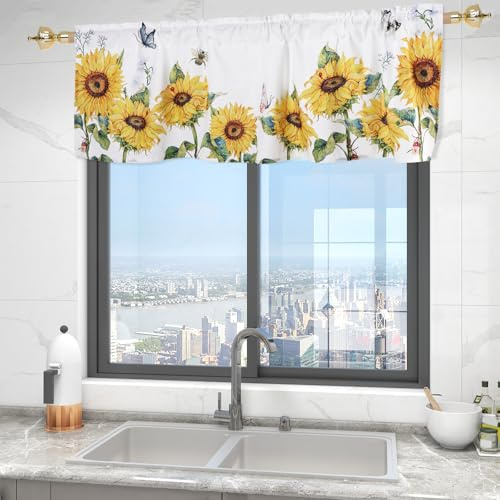 BAODBF 2 Stück Scheibengardine Voile Bistrogardine,Kurzvorhang Küche 137×45cm,Fenstervorhang Gardine,Blumenmuster Fenstergardine,Kurze Scheibengardinen für Küche,Café,Kinderzimmer(Sonnenblume)