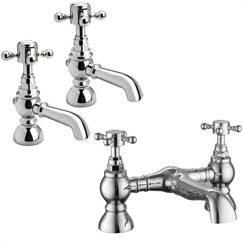 Traditional Crosshead Basin Pillar Taps and Bridge Bath Filler Set - Chrome