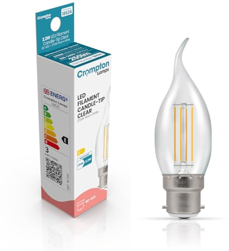 Crompton Lamps Bent-Tip Candle LED Light Bulb BC-B22d | 2.2W = 25W Equivalent | Warm White 2700K | Flame Tip | Bayonet Lightbulb | Long Life 15,000-Hrs | Clear Glass