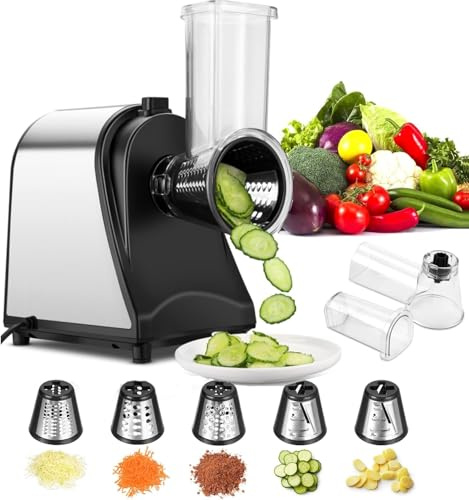 Gemüseschneider Elektrisch 250W Professional, 5-in-1 Küchenreibe mit 5 Klingen für Käse Kartoffeln Karotten, Gemüsehobel Edelstahl