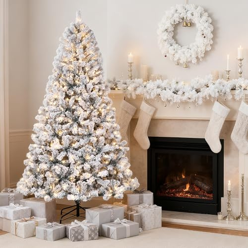 180cm Künstlicher Weihnachtsbaum mit Schneeflockenmuster und Beleuchtung, 340 Zweigspitzen, warmweiße Lichter, Schnellaufbau inklusive Ständer, für drinnen und draußen