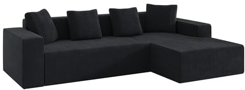 L-förmiges Ecksofa 4-Sitzer, Modulares Corduroy Sofa mit Hocker, Bequemes Wohnzimmer-Sofa mit 2-6 Kissen, Platzsparende Wohnlandschaft für Wohnzimmer & Apartments, 256×134 cm (Black B-3Sitzer)