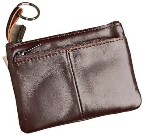 DHYUACN Münztasche Leder Mini Geldbörse Kopf Schicht Rindsleder Karte Tasche Handgemachte Reißverschluss Brieftasche Auto Schlüssel Fall Kurze Dame(Coffe-Bigsize)